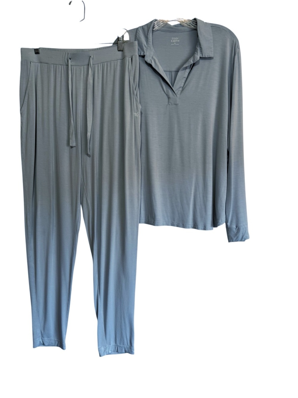 Cozy Earth Powder Blue Bamboo Stretch-Knit Lounge Set Tapered Pant Polo Top L/XL